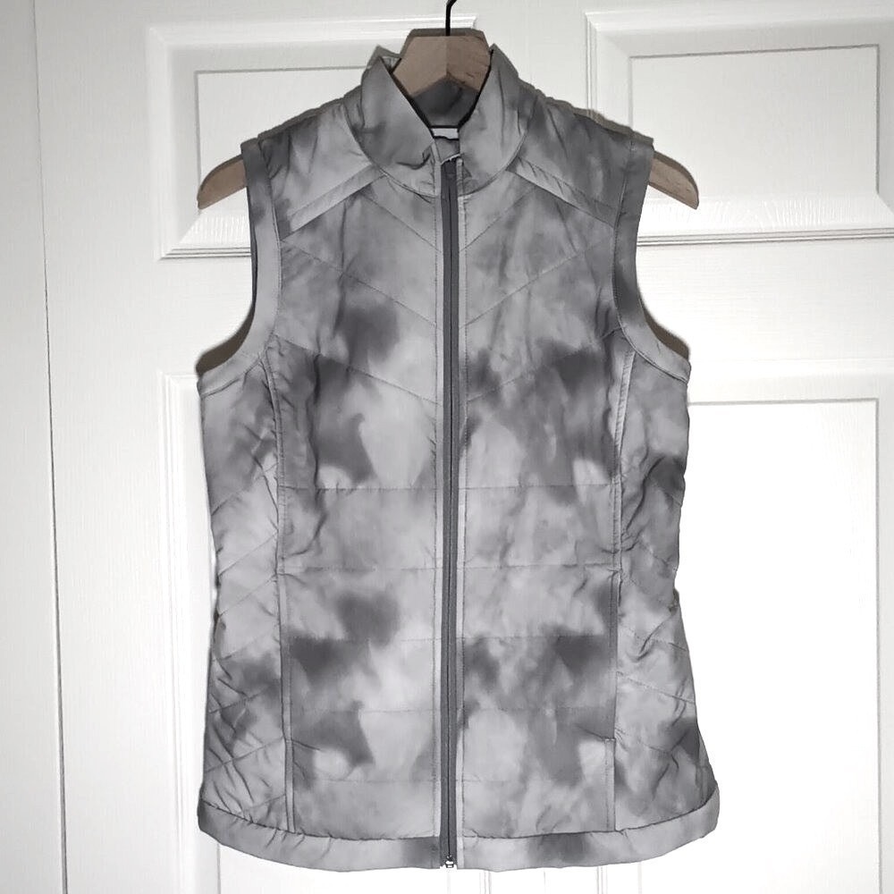 Slazenger Womens Golf Quilted Puffer Vest Grey Tie Dye Medium Full Zip Mock Neck